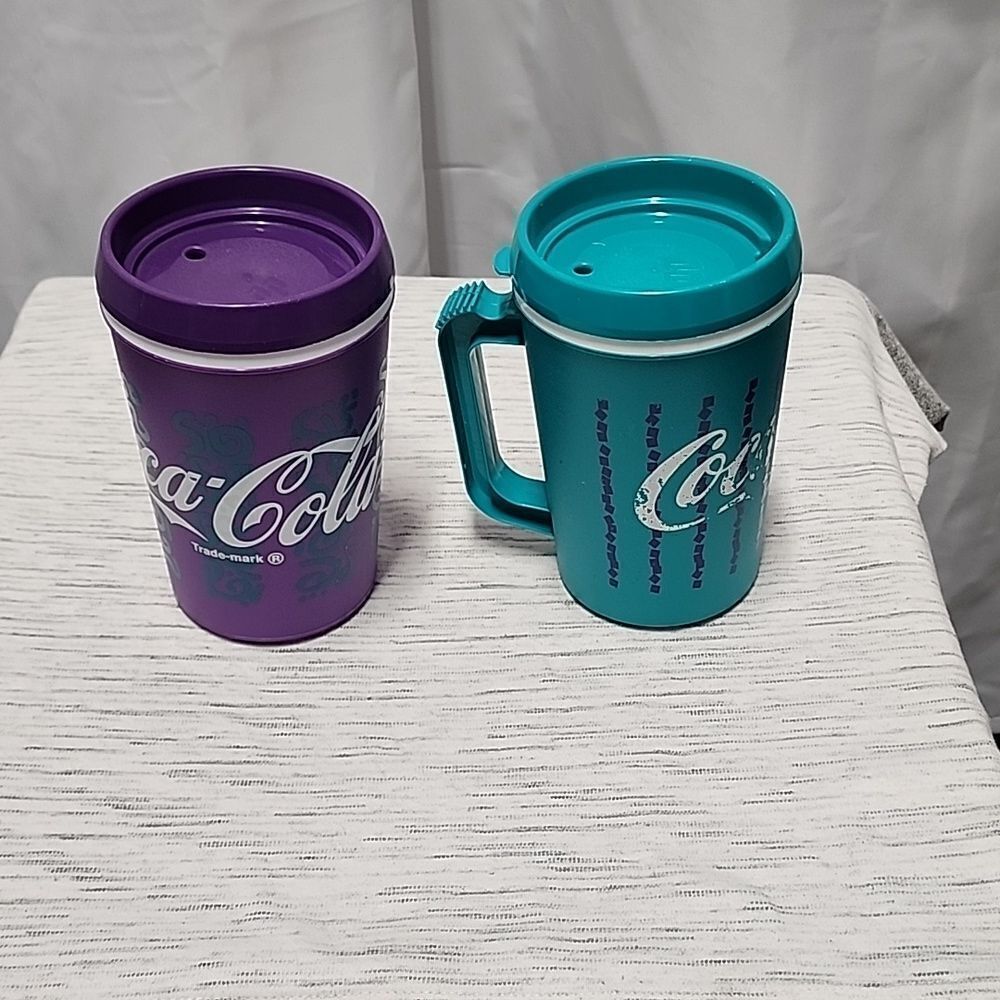 2 Rare Vintage Coke Coca-Cola Teal and Purple Travel Mug Thermal 90's 